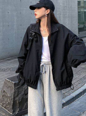 黑色外套女2026秋季新款ins韩版宽松炸街原宿bf风长袖薄夹克风衣