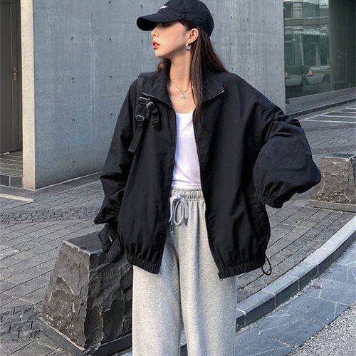 黑色外套女2026秋季新款ins韩版宽松炸街原宿bf风长袖薄夹克风衣