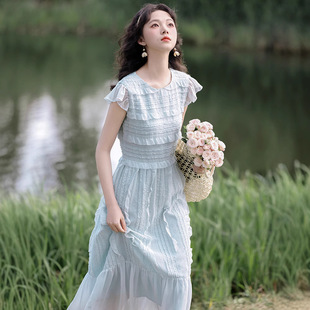 2026夏季新款女装连衣裙浅蓝色飞飞袖木耳花边拼接收腰显瘦长裙子