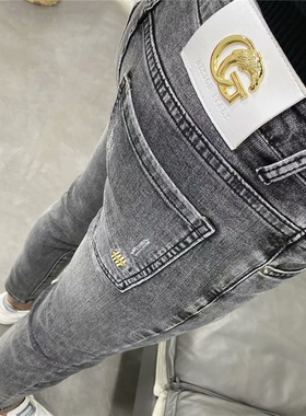 烟灰色修身牛仔裤男网红韩版潮流夏季薄款精神小伙青少年紧身小脚