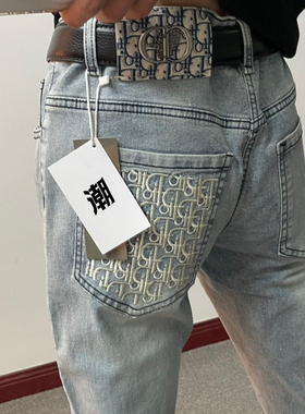 网红潮牌修身小脚弹力牛仔裤男青年精神小伙刺绣九分裤休闲弹力裤