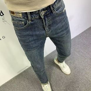 九分裤 牛仔裤 青年复古潮流时尚 男潮牌百搭贴标弹性修身 简约小脚裤