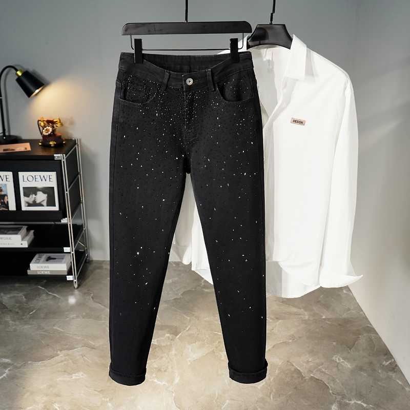 潮牌痞帅满天星烫钻裤子男网红黑色复古修身百搭休闲直筒牛仔裤男