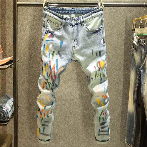 欧洲站潮牌浅色牛仔裤男弹力修身小脚泼墨涂鸦个性潮流休闲长裤男