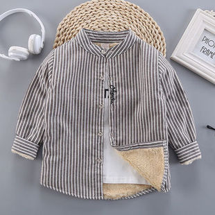 男童衬衫2024秋冬新款童装加绒儿童条纹保暖衬衣韩版冬立领上衣潮