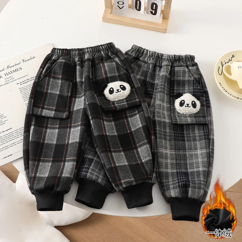 男童长裤秋冬加厚宝宝格子加绒裤子春秋女童一体绒儿童新款洋气