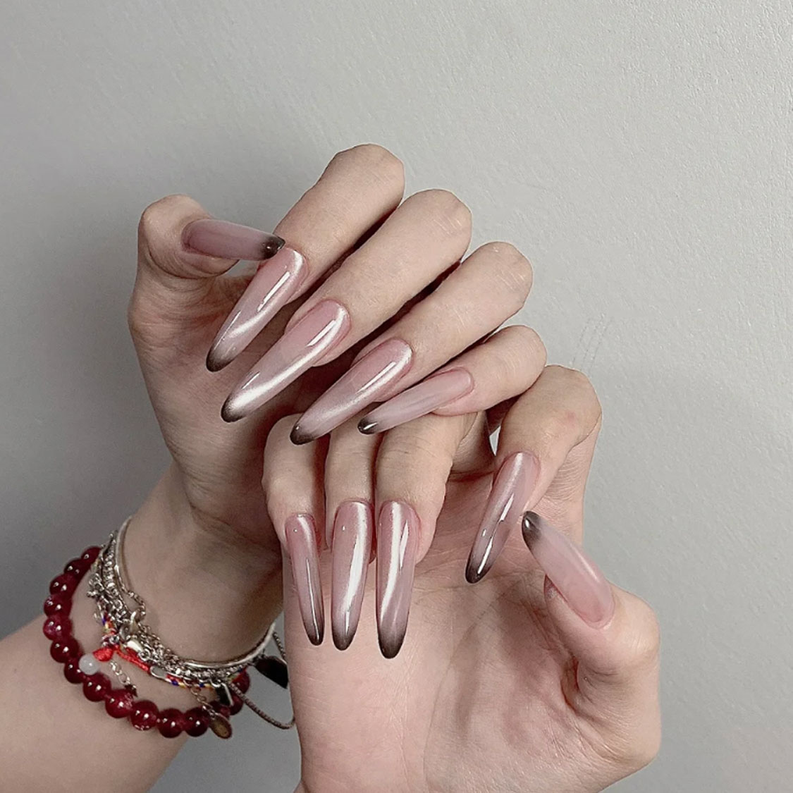 裸粉色法式猫眼长款纯手工穿戴甲