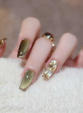 秋冬美拉德陶瓷绿色猫眼精灵魔石爆闪晶石瓷白假指甲纯手工穿戴甲