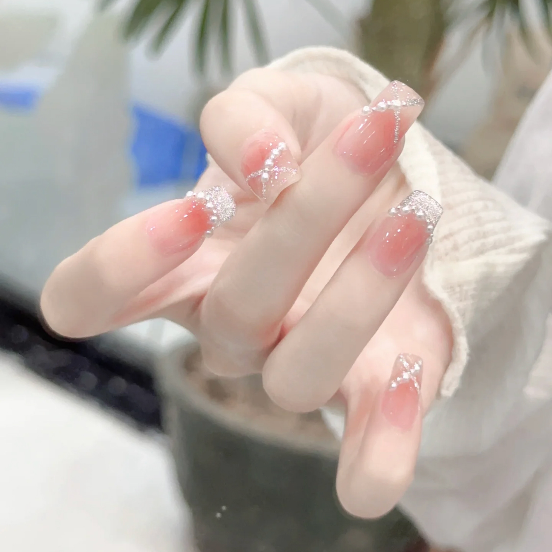 珍珠腮红法式新娘甲纯手工穿戴甲