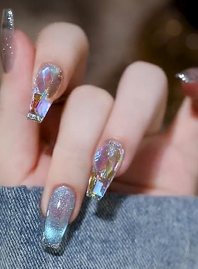 爆闪猫光宝石美甲酷飒蓝色奥秘幻彩极光钻动感碎钻猫眼手工穿戴甲