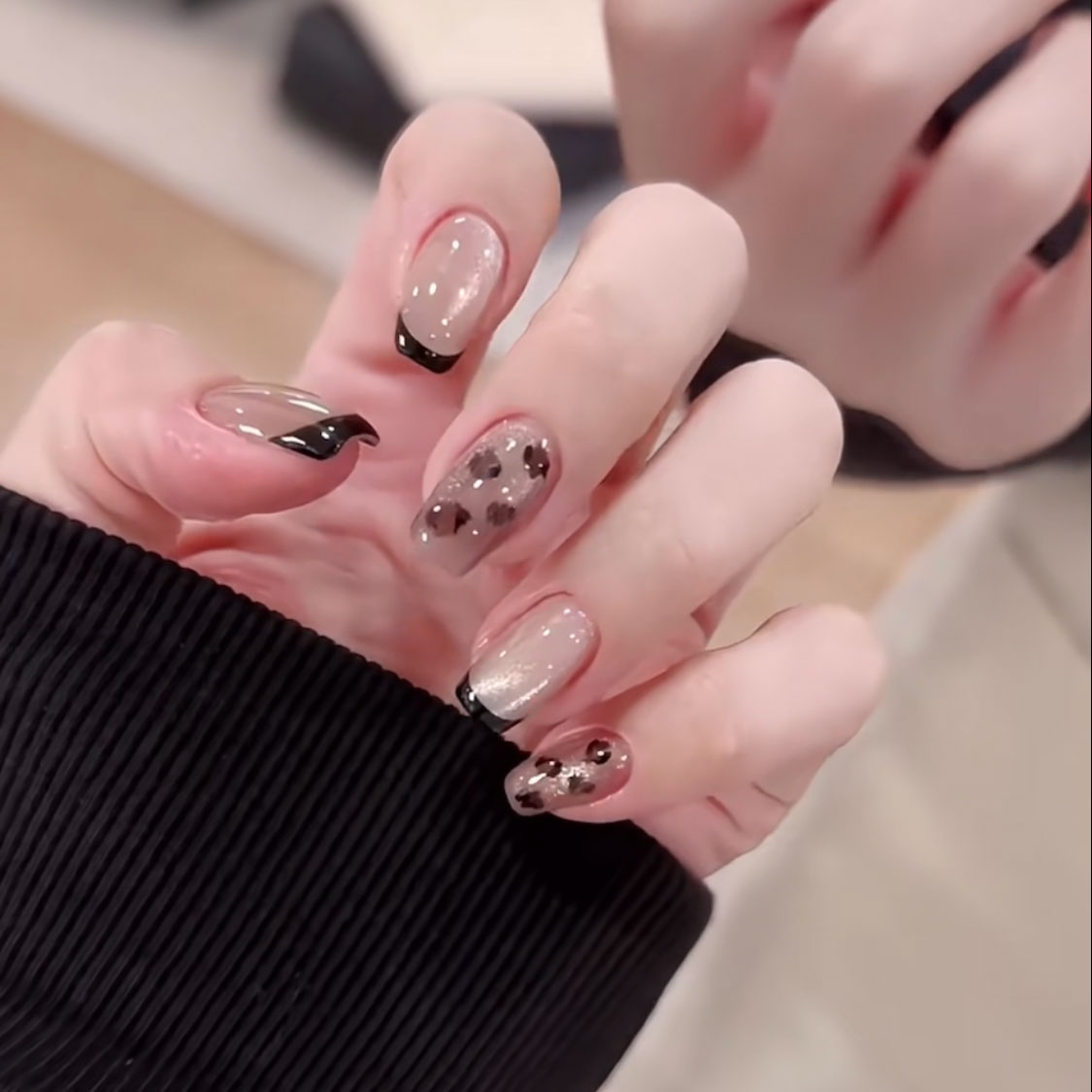 简约黑法式豹纹猫眼纯手工穿戴甲