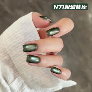 N71极地苔原绿色玻璃珠猫眼秋冬美甲短款高级感显白纯手工穿戴甲