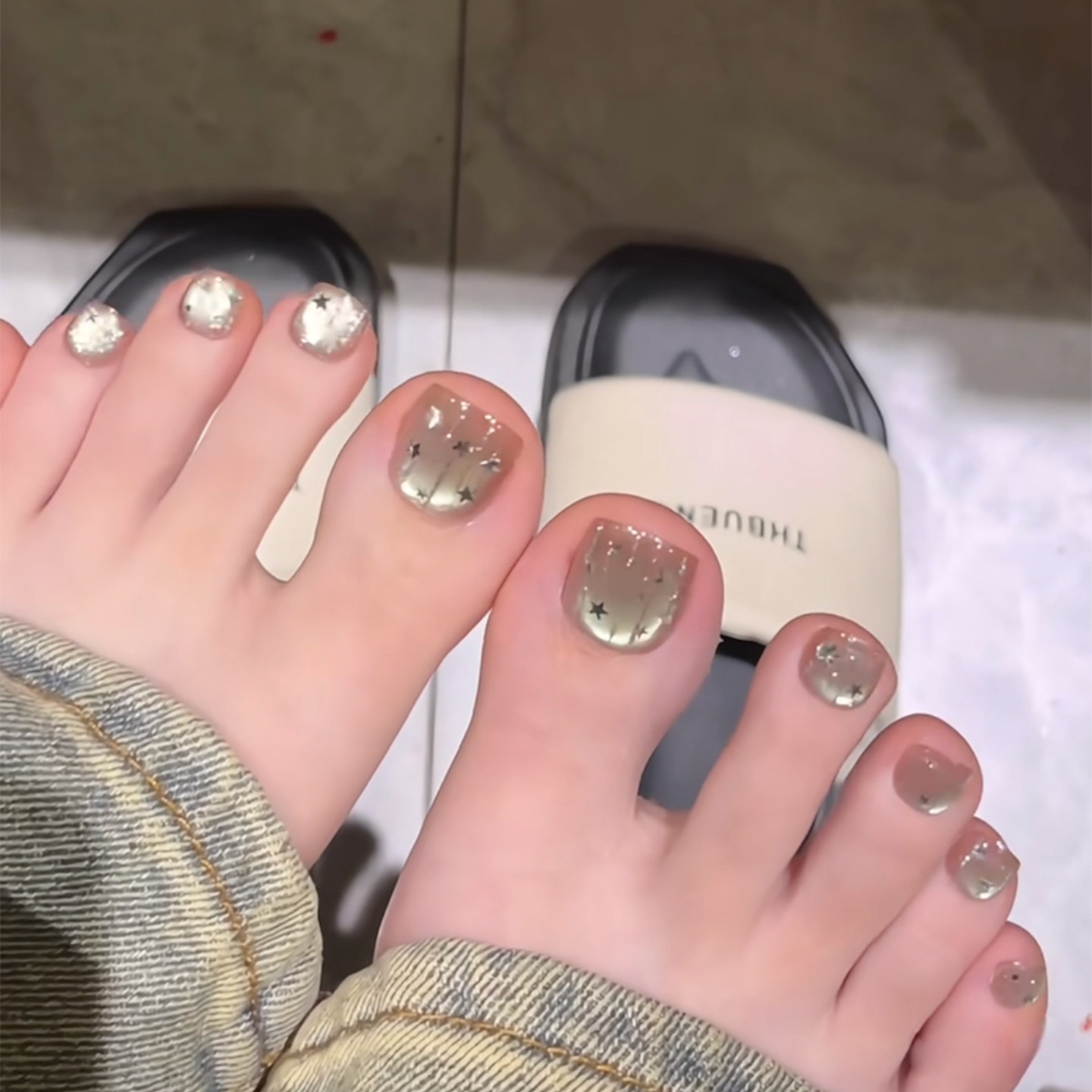甜美星星渐变裸色脚穿戴甲
