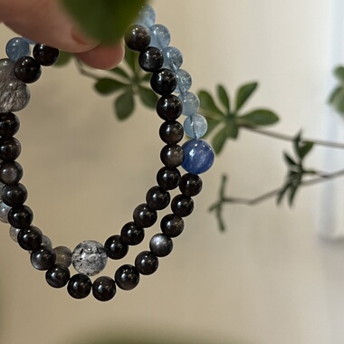水-天然水晶黑发晶蓝晶石海蓝宝黑曜石手串招财五行喜水补水礼物