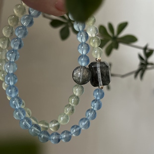 喜木水天然绿幽灵黑曜石葡萄石海蓝宝绿发晶财富手串木水 木水