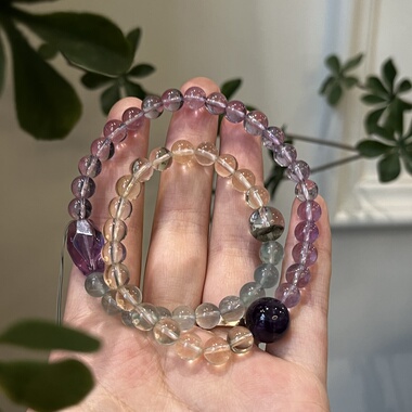 木火土-天然黄水晶紫水晶粉水晶绿幽灵多圈手串五行喜木喜火土