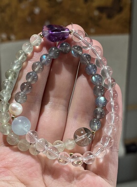 木水火-天然海蓝宝粉水晶葡萄石双圈手串手链黑发晶黑曜石