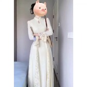 连衣裙胖mm收腰喇叭袖 新中式 国风旗袍超大码 蕾丝镂空A字裙300斤潮