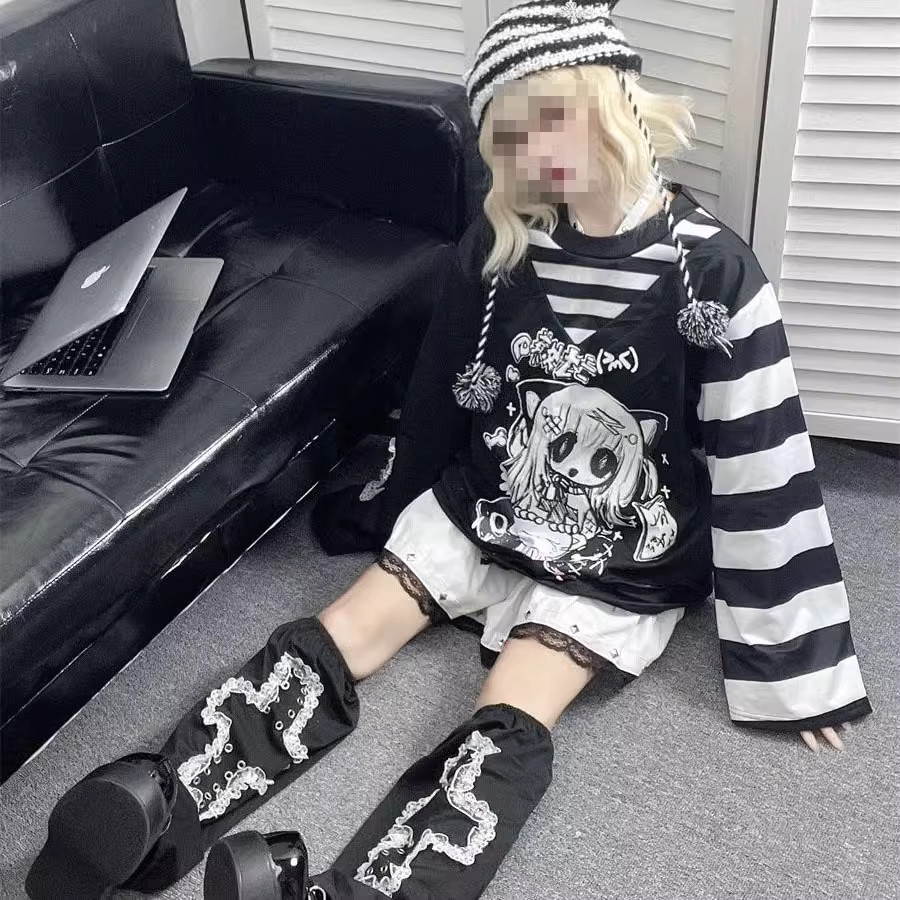 秋季y2k亚文化穿搭超大码朋克二次元300斤假两件条纹长袖T恤显瘦,女装/女士精品,T恤,淘宝优惠券,粉丝福利购,淘宝优惠卷