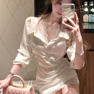 性感蕾丝拼接衬衫 收腰短款 连衣裙女300斤大码 新款 包臀裙 秋季 法式