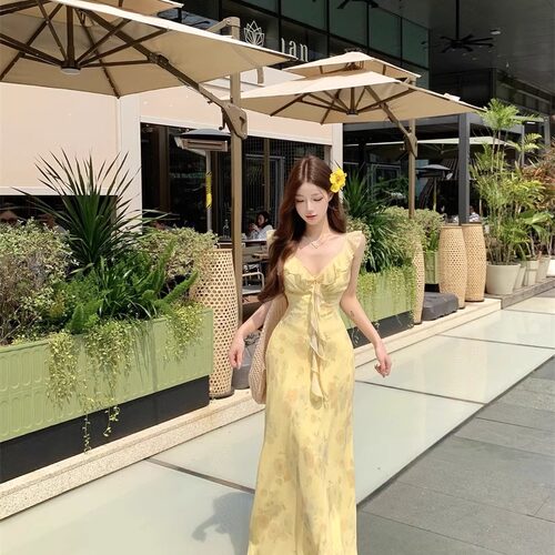 大码法式碎花木耳边吊带连衣裙女