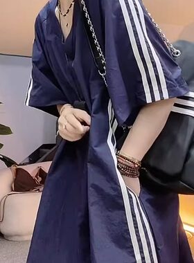 大码短袖T恤裙侧条纹遮肉显瘦夏