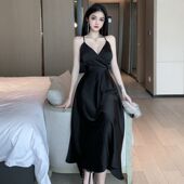 性感300斤v领露背蝴蝶结吊带胖mm长裙女夏季 宽松显瘦特大码 连衣裙