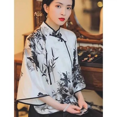 宽松复古国风水墨印花大码衬衫女