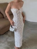 法式 蕾丝胖m高腰开叉V领气质显瘦吊带长裙性感洋气加肥大码 连衣裙