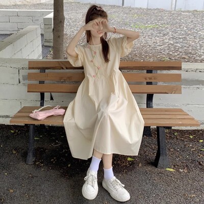 日系软妹甜美衬衫裙圆领高腰长裙