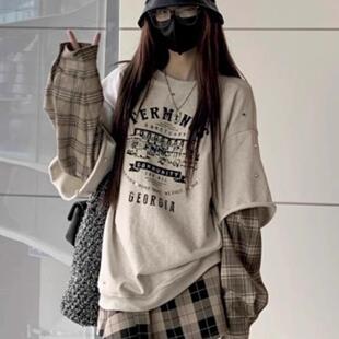 假两件大码卫衣女设计感拼接不对称长袖圆领字母印花秋冬2-300斤