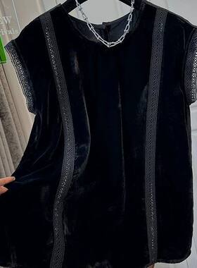 蕾丝拼接金丝绒T恤女大码时尚