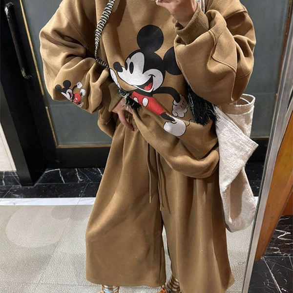 韩版秋冬减龄慵懒大码300斤圆领套头米奇印花卫衣休闲裤时尚套装