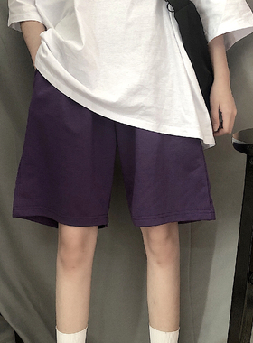 300斤胖MM大码紫色运动裤短裤女夏季240宽松休闲bf阔腿五分裤子潮