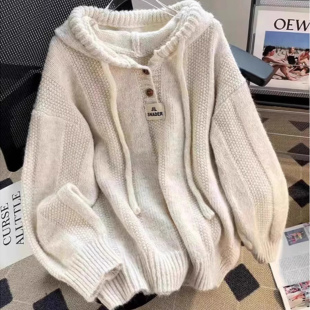 宽松软糯针织衫 韩系慵懒风连帽卫衣加大码 毛衣女300斤秋冬中长款
