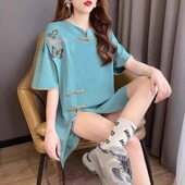 300斤国风刺绣设计感开叉短袖 t恤女夏胖mm大码 宽松盘扣显瘦上衣2