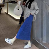 300斤胖mm克莱因蓝半身裙高腰开叉过膝裙秋冬A字包臀中长裙大码 裙