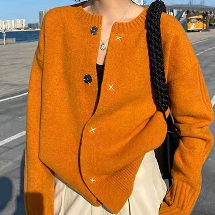 法式南瓜橘色圆领软糯毛衣外套女