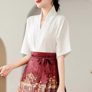 大码女装新中式国风马面裙上衣女短袖夏2025新款交领汉服刺绣衬衫