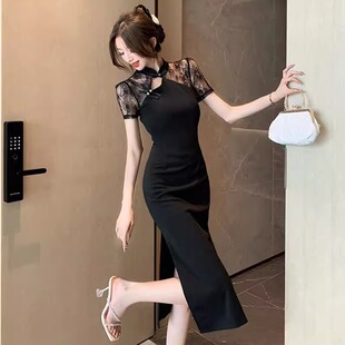 复古旗袍镂空蕾丝拼接收腰开叉改良性感包臀连衣裙 女装 新中式 大码