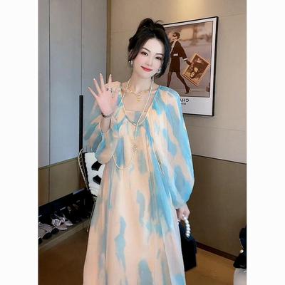 晕染灯笼袖超大码连衣裙气质胖mm