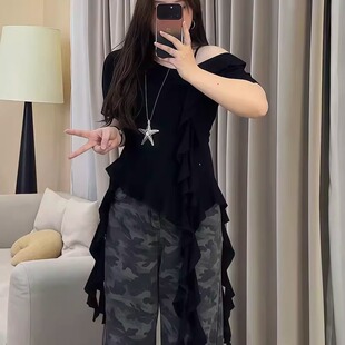 甜酷辣妹荷叶修边露肩特大码短袖T恤女300斤夏季显瘦设计感别致潮