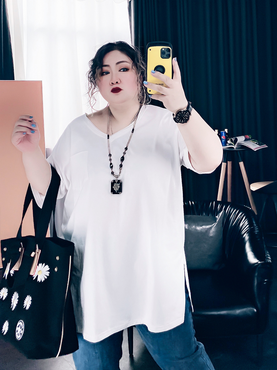 口袋V领上衣胖MM宽松中长款短袖