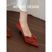 羊皮版 通勤百搭气质工作鞋 复古尖头蝴蝶结浅口单鞋 女细跟高跟鞋