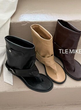 TLE MIKELIN 韩版磨砂皮带扣夹趾凉靴女2026新款百搭短筒时装靴