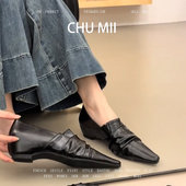 黑色简约真皮小皮鞋 女法式 内增高尖头包鞋 羊皮版 褶皱小众乐福鞋