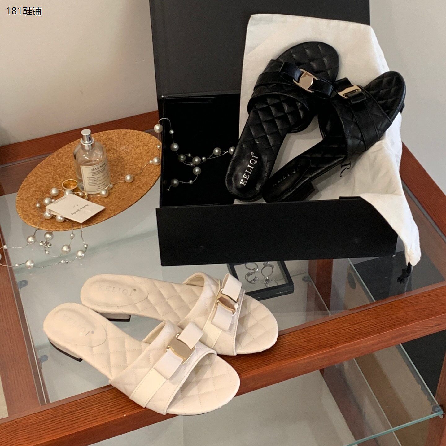 KE LI QI 2026年新款法式气质蝴蝶结凉拖鞋女外穿低跟露趾一字拖