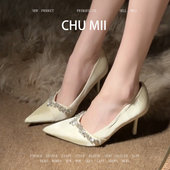 羊皮版 性感配裙子伴娘鞋 绝美水钻尖头浅口单鞋 女细跟宴会高跟鞋