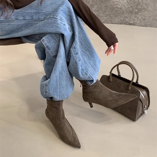 疯狂星团~法式真皮气质绒面低跟时装靴女细跟尖头韩版显瘦短筒靴