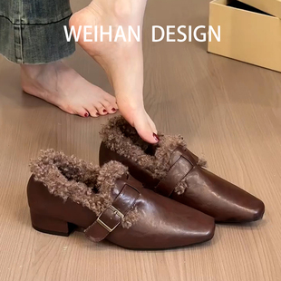 羊皮版!英伦复古方头毛毛乐福鞋女秋冬加绒粗跟单鞋皮带扣小皮鞋